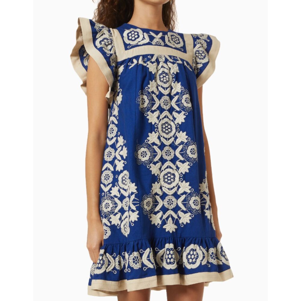 Sea New York Manuela Embroidered Flutter Sleeve Dress Blue M NWT